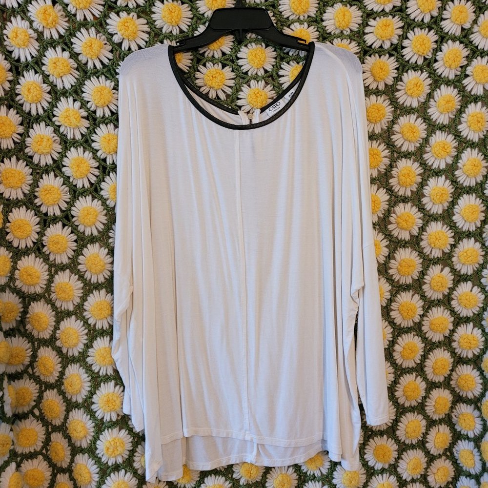 White Blouse with Faux-Leather Trim